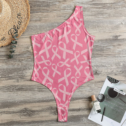 Pink Ribbon Breast Cancer Pattern Print One Shoulder Bodysuit
