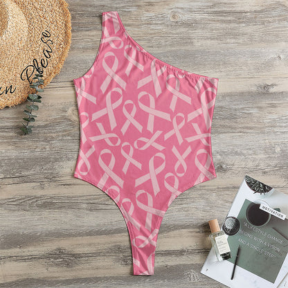 Pink Ribbon Breast Cancer Pattern Print One Shoulder Bodysuit