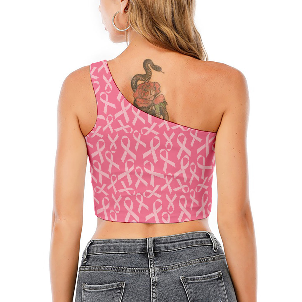 Pink Ribbon Breast Cancer Pattern Print One Shoulder Crop Top