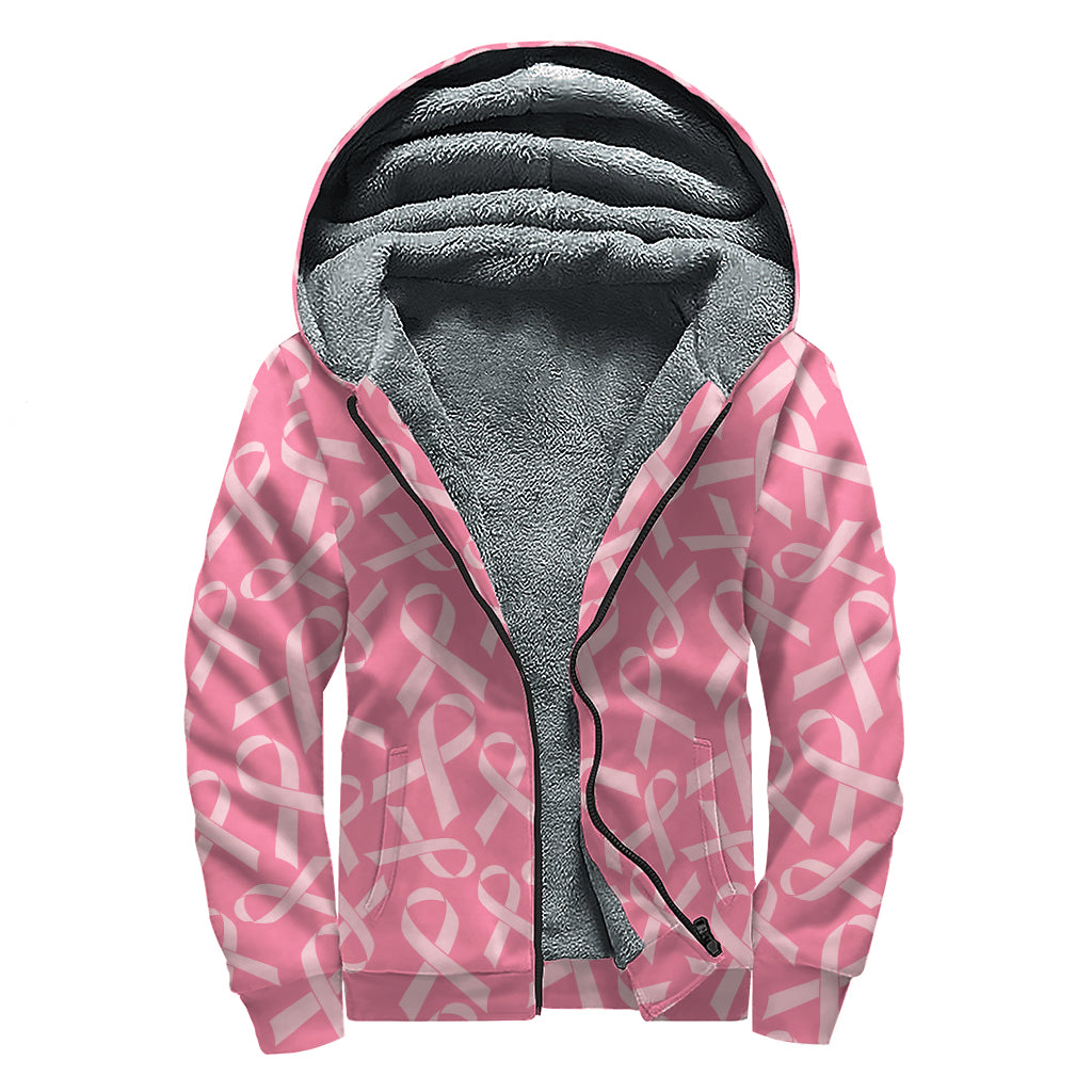 Pink Ribbon Breast Cancer Pattern Print Sherpa Lined Zip Up Hoodie