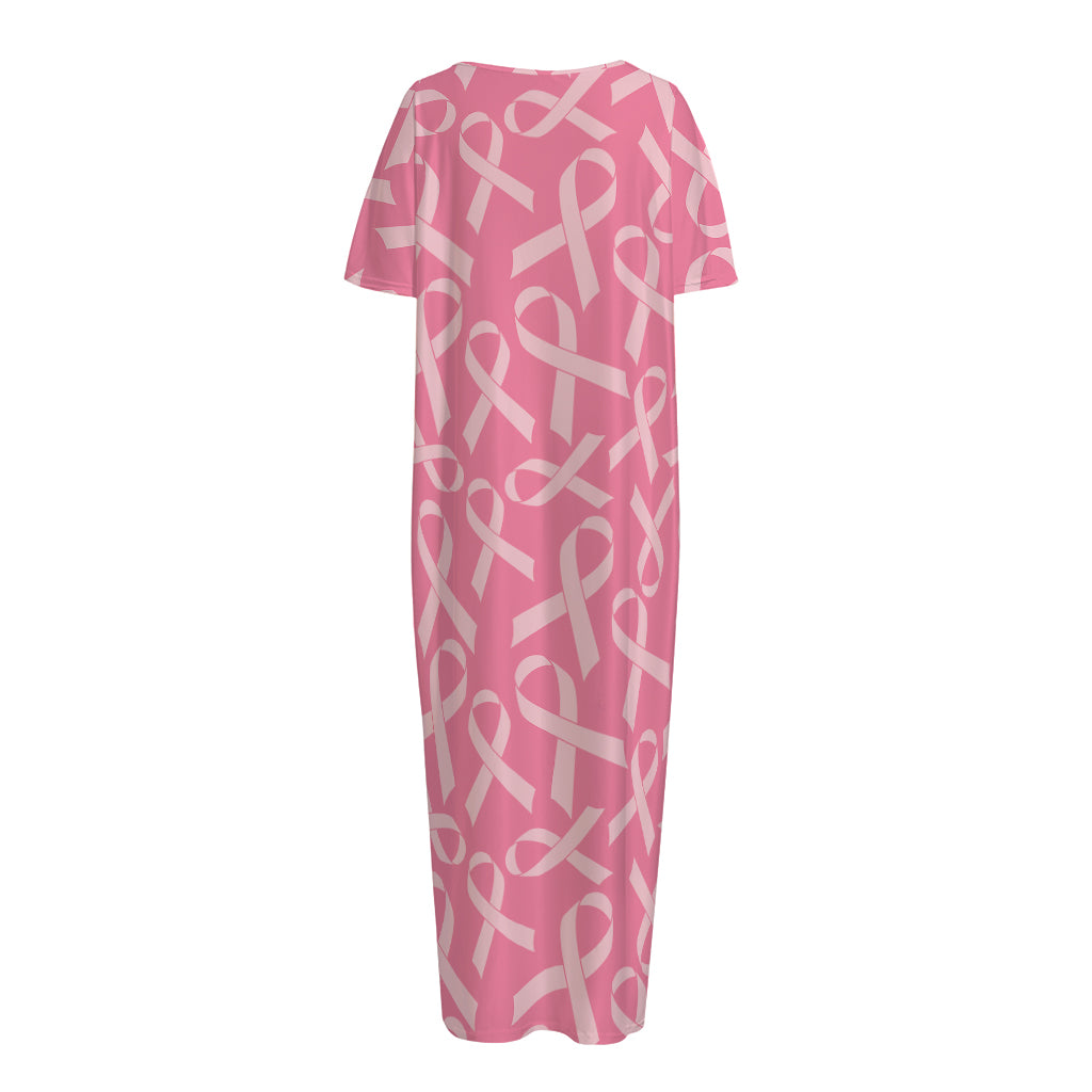 Pink Ribbon Breast Cancer Pattern Print Short Sleeve Long Nightdress