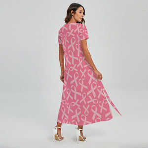 Pink Ribbon Breast Cancer Pattern Print Short Sleeve Maxi Dress