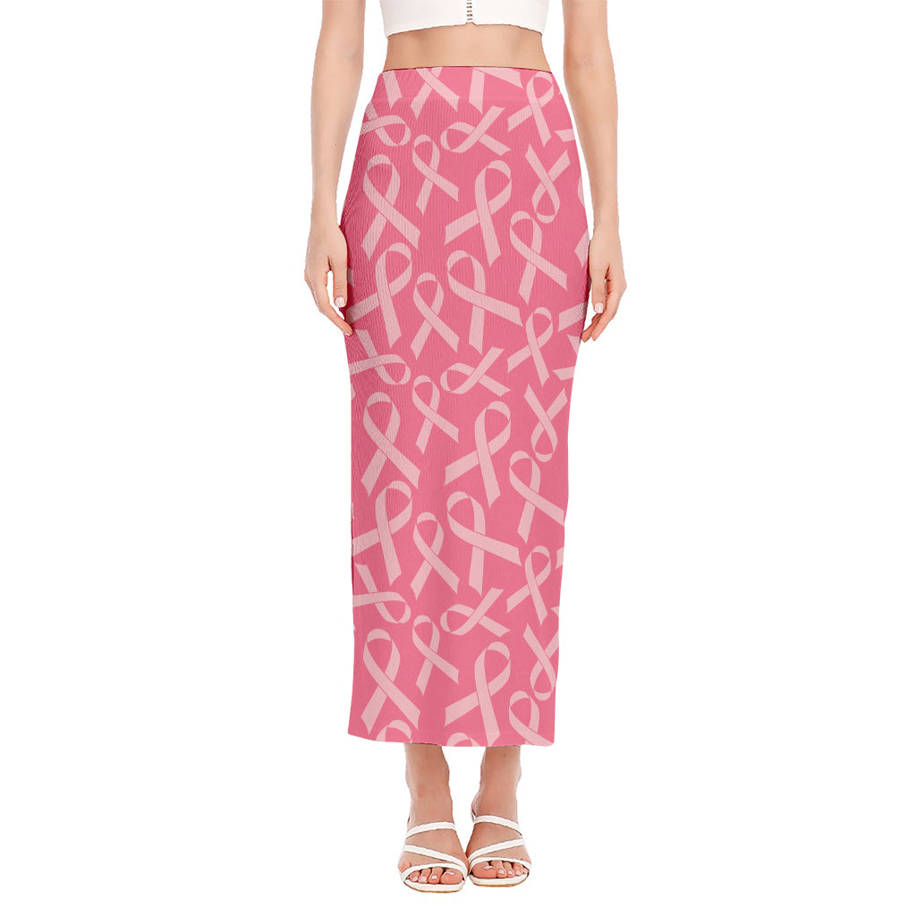 Pink Ribbon Breast Cancer Pattern Print Side Slit Maxi Skirt