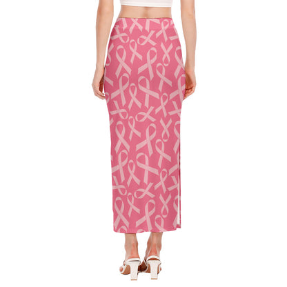 Pink Ribbon Breast Cancer Pattern Print Side Slit Maxi Skirt