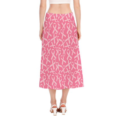 Pink Ribbon Breast Cancer Pattern Print Side Slit Midi Skirt