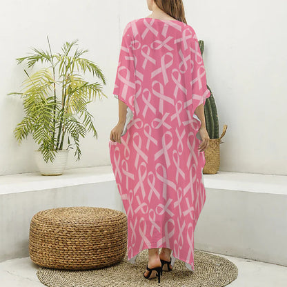 Pink Ribbon Breast Cancer Pattern Print Silk V-Neck Kaftan Dress