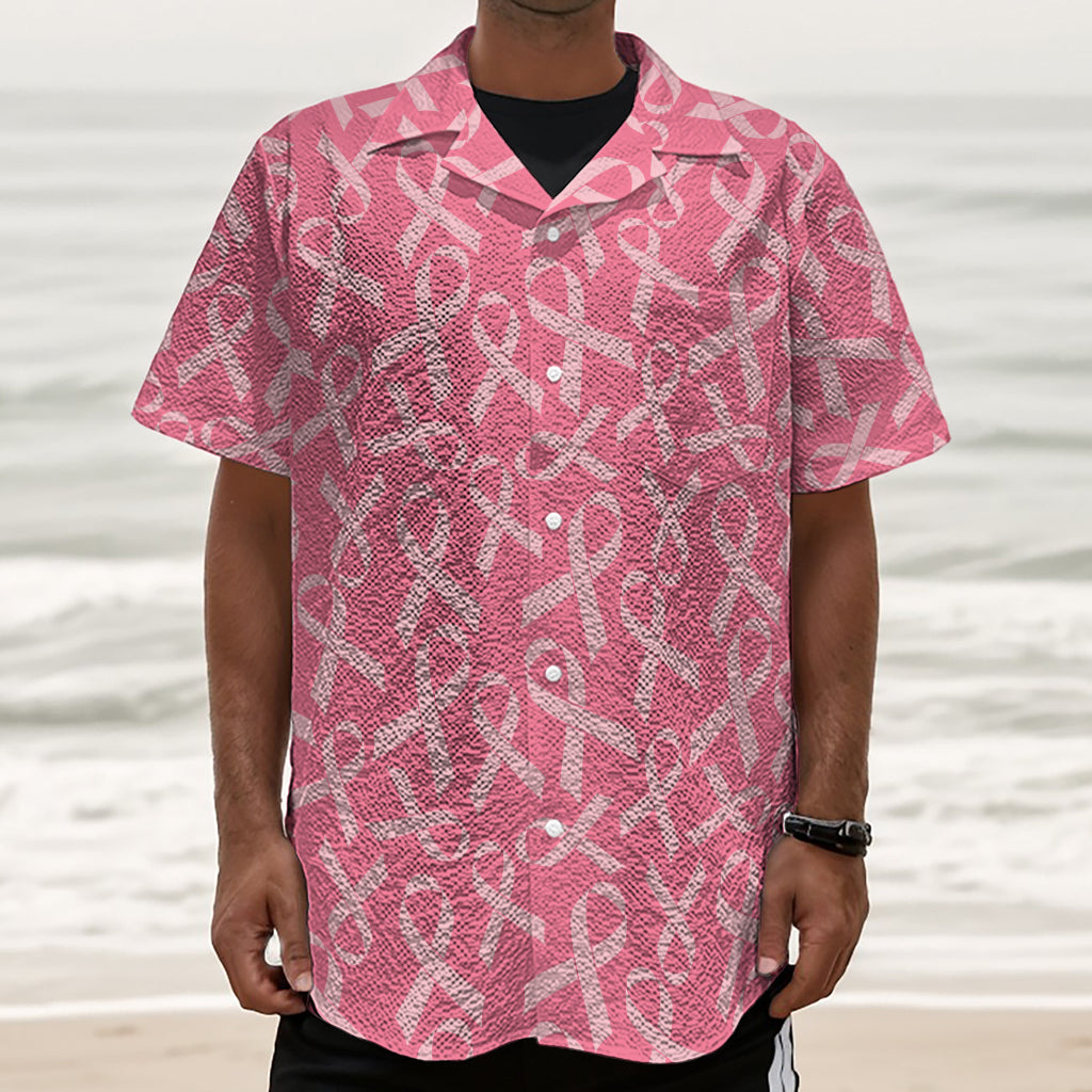 Pink Ribbon Breast Cancer Pattern Print Textured Short Sleeve Shirt