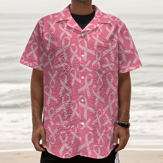 Pink Ribbon Breast Cancer Pattern Print Textured Short Sleeve Shirt