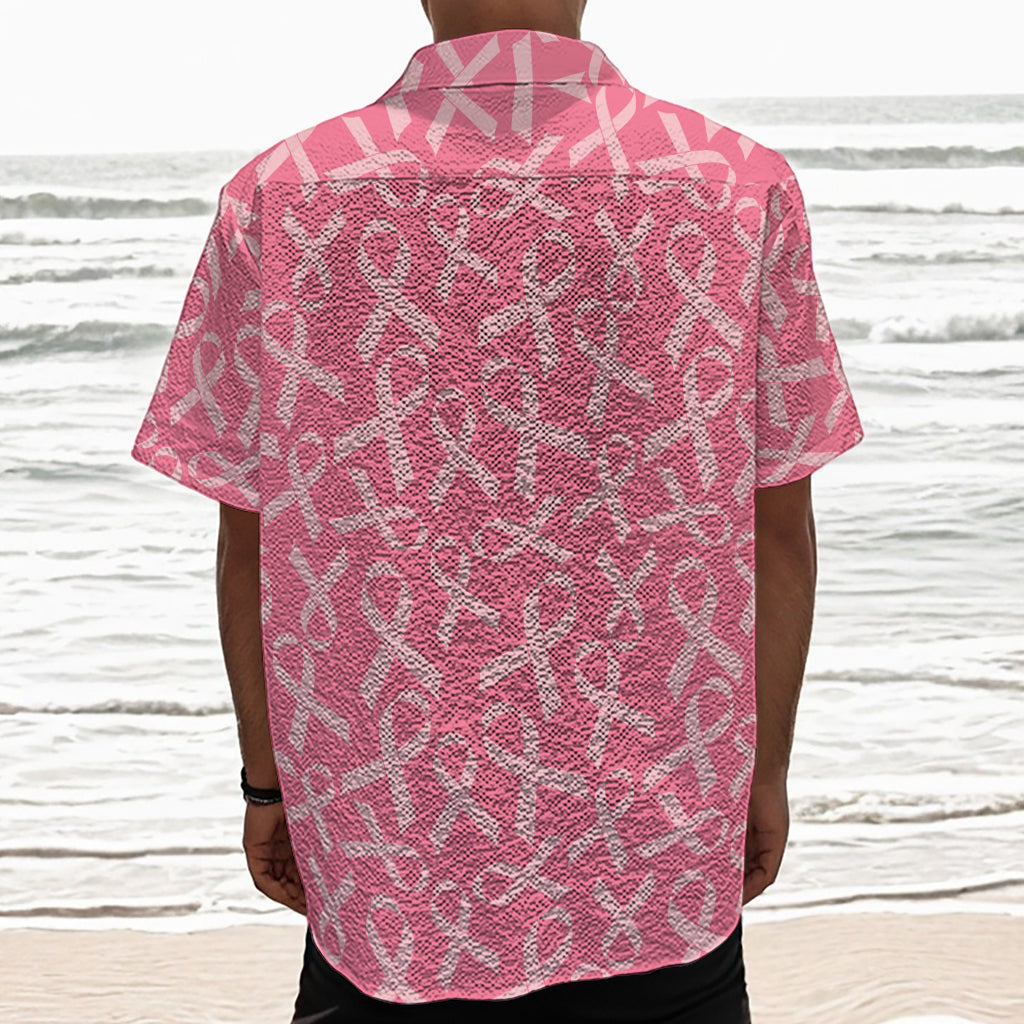Pink Ribbon Breast Cancer Pattern Print Textured Short Sleeve Shirt