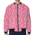 Pink Ribbon Breast Cancer Pattern Print Zip Sleeve Bomber Jacket