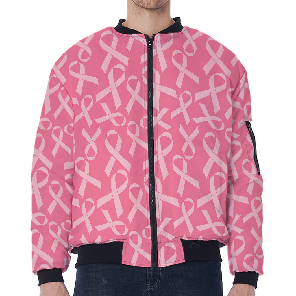 Pink Ribbon Breast Cancer Pattern Print Zip Sleeve Bomber Jacket