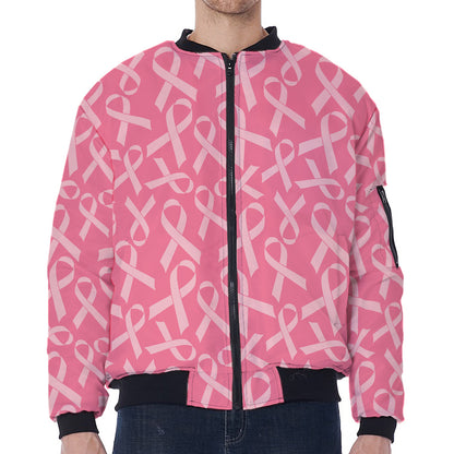 Pink Ribbon Breast Cancer Pattern Print Zip Sleeve Bomber Jacket