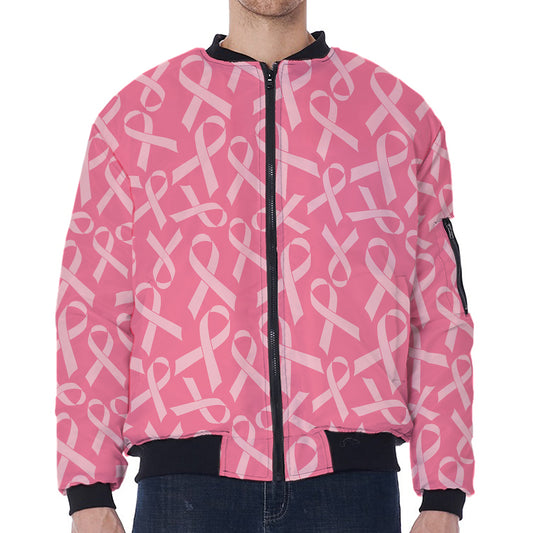 Pink Ribbon Breast Cancer Pattern Print Zip Sleeve Bomber Jacket