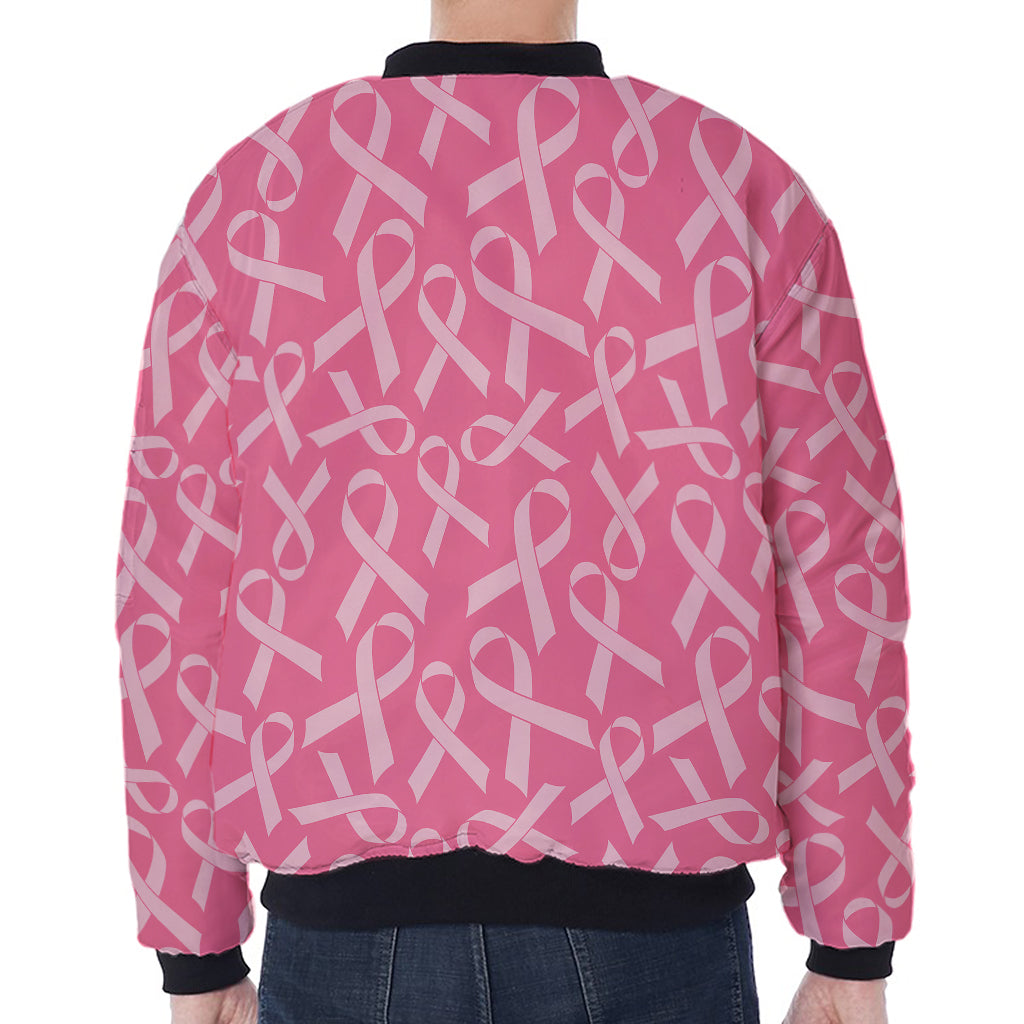 Pink Ribbon Breast Cancer Pattern Print Zip Sleeve Bomber Jacket