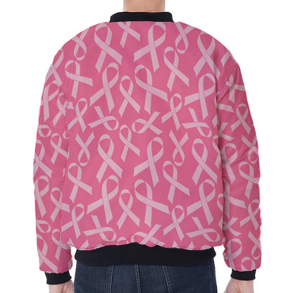 Pink Ribbon Breast Cancer Pattern Print Zip Sleeve Bomber Jacket