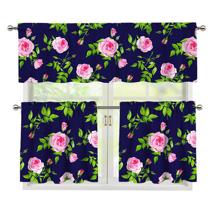 Pink Rose Floral Flower Pattern Print 3 Piece Kitchen Curtains