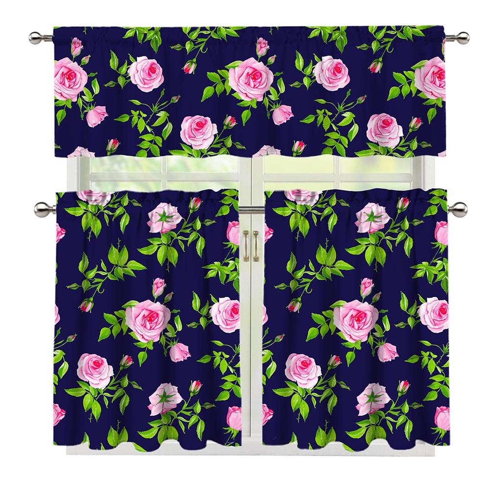 Pink Rose Floral Flower Pattern Print 3 Piece Kitchen Curtains