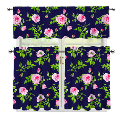 Pink Rose Floral Flower Pattern Print 3 Piece Kitchen Curtains