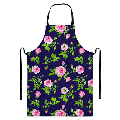 Pink Rose Floral Flower Pattern Print Bib Apron With Pocket