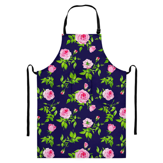 Pink Rose Floral Flower Pattern Print Bib Apron With Pocket