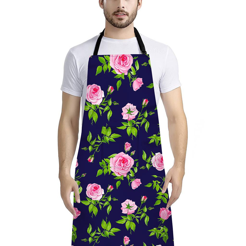 Pink Rose Floral Flower Pattern Print Bib Apron With Pocket