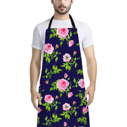Pink Rose Floral Flower Pattern Print Bib Apron With Pocket