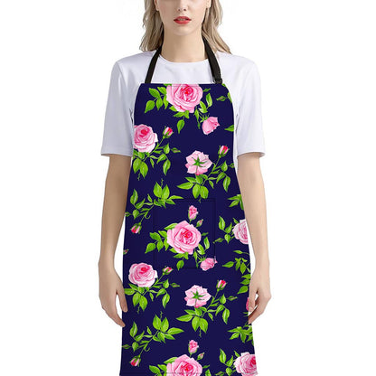 Pink Rose Floral Flower Pattern Print Bib Apron With Pocket