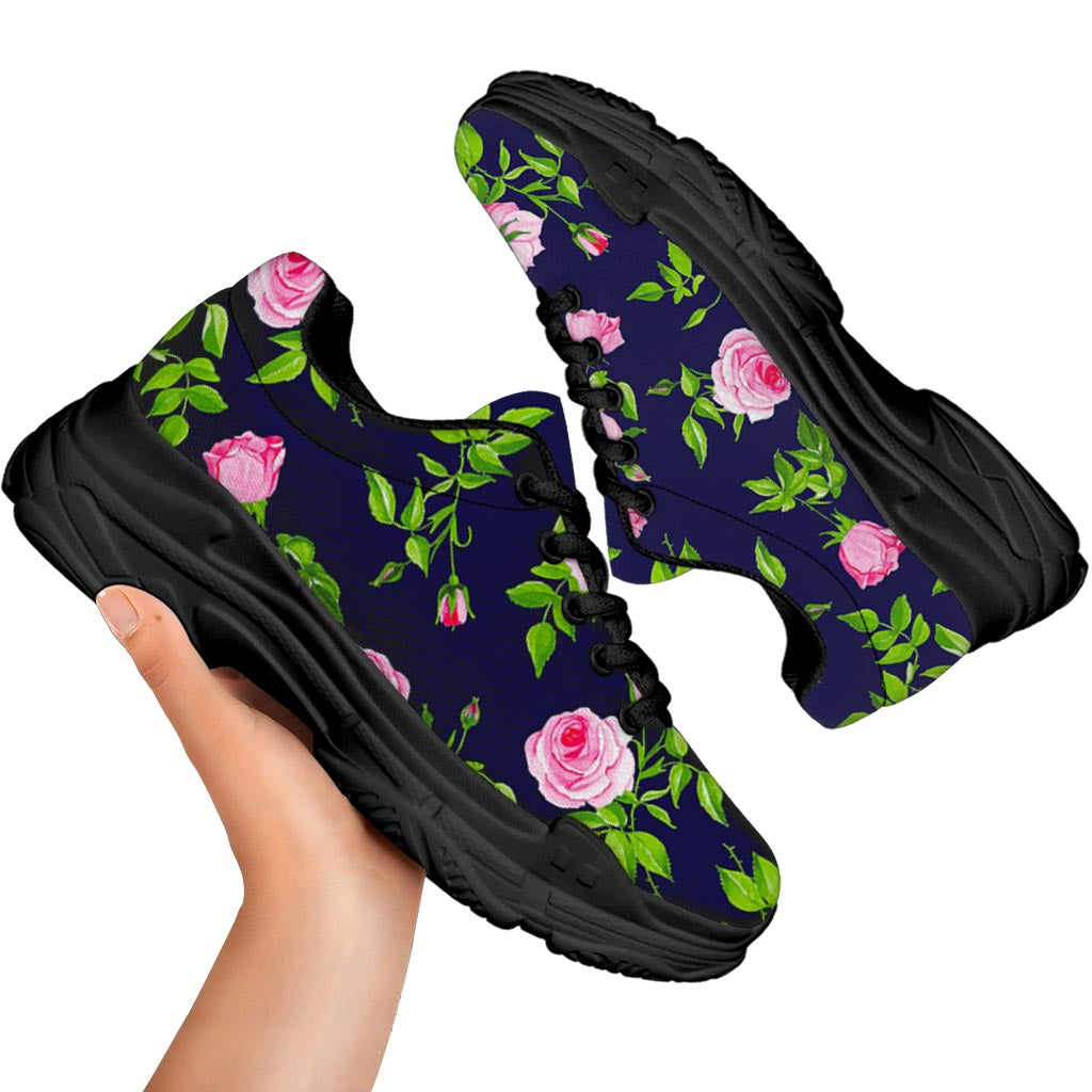 Pink Rose Floral Flower Pattern Print Black Chunky Shoes