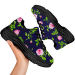 Pink Rose Floral Flower Pattern Print Black Chunky Shoes