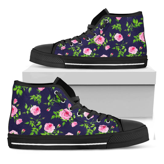 Pink Rose Floral Flower Pattern Print Black High Top Sneakers