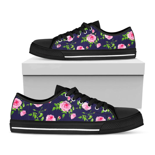 Pink Rose Floral Flower Pattern Print Black Low Top Sneakers