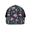 Pink Rose Floral Flower Pattern Print Black Mesh Trucker Hat