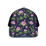 Pink Rose Floral Flower Pattern Print Black Mesh Trucker Cap