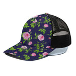 Pink Rose Floral Flower Pattern Print Black Mesh Trucker Cap