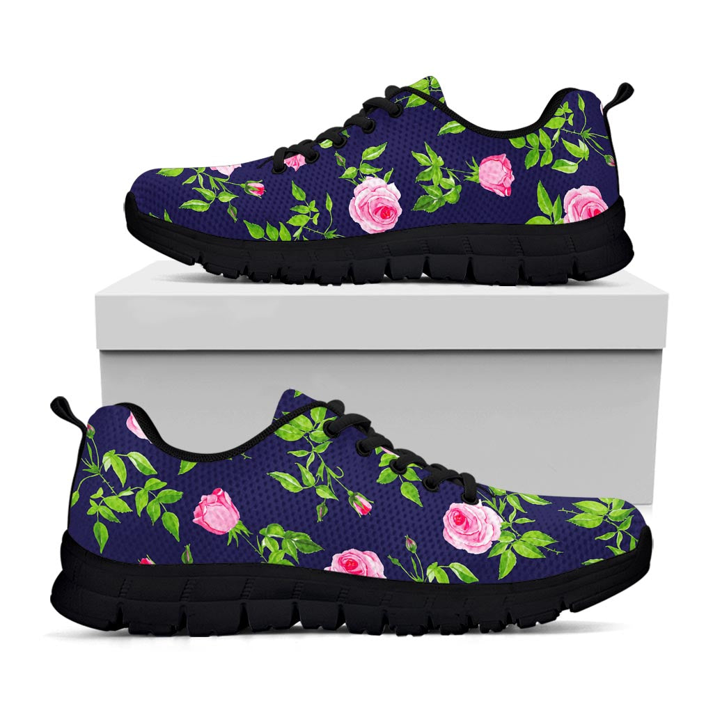 Pink Rose Floral Flower Pattern Print Black Running Shoes