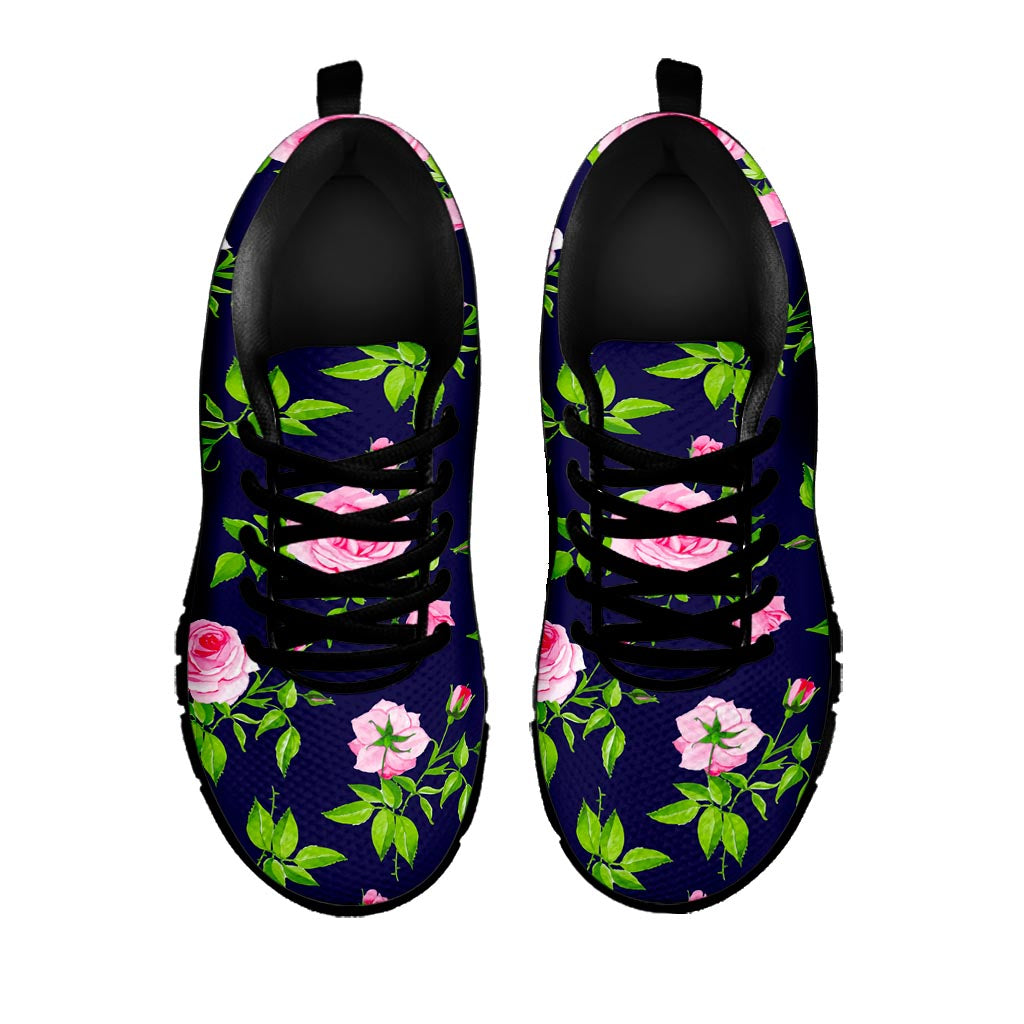 Pink Rose Floral Flower Pattern Print Black Running Shoes