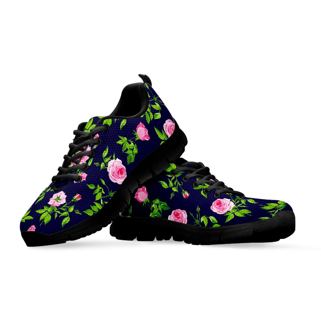 Pink Rose Floral Flower Pattern Print Black Running Shoes