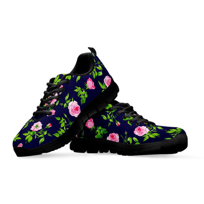 Pink Rose Floral Flower Pattern Print Black Running Shoes