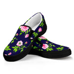 Pink Rose Floral Flower Pattern Print Black Slip On Sneakers