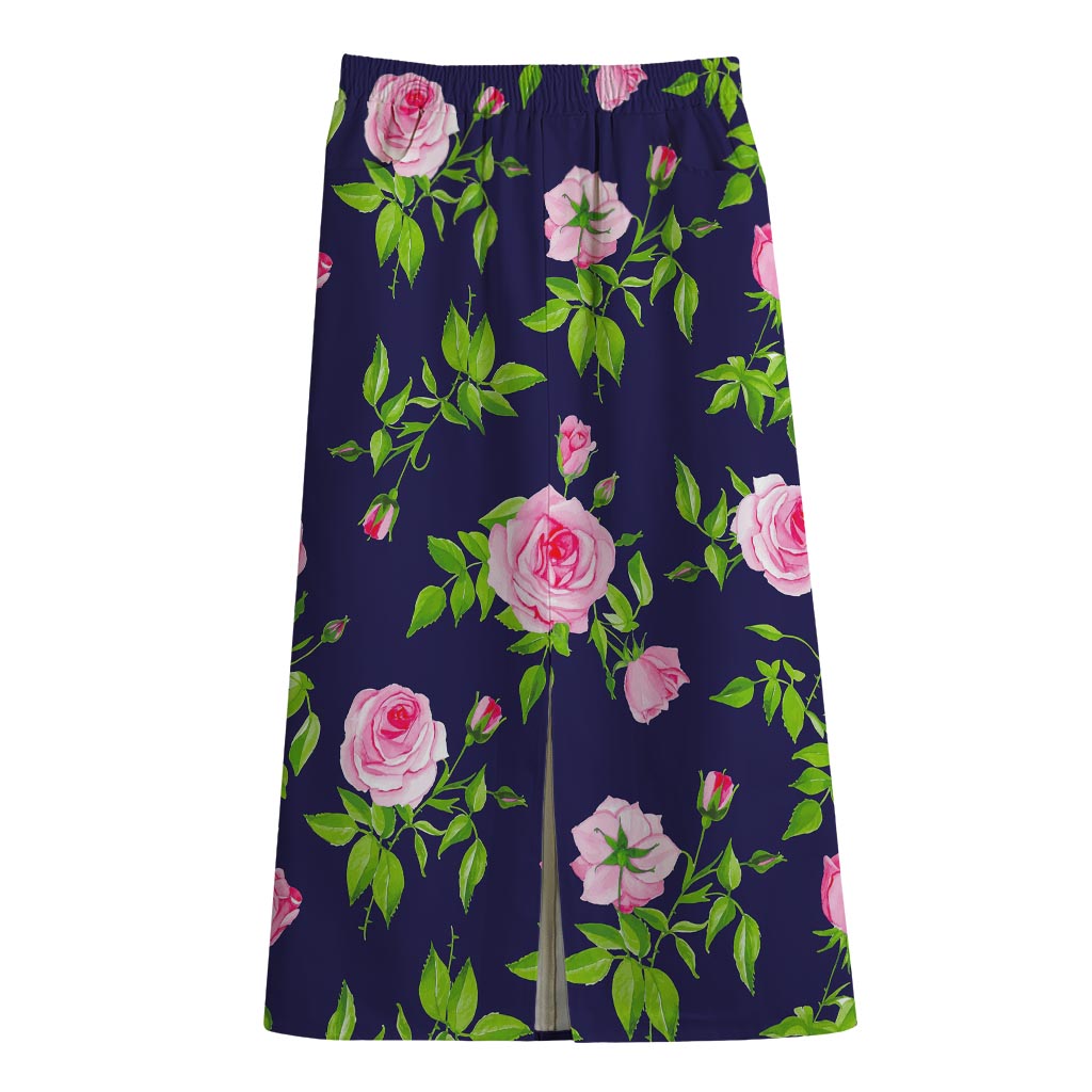 Pink Rose Floral Flower Pattern Print Cotton Front Slit Maxi Skirt