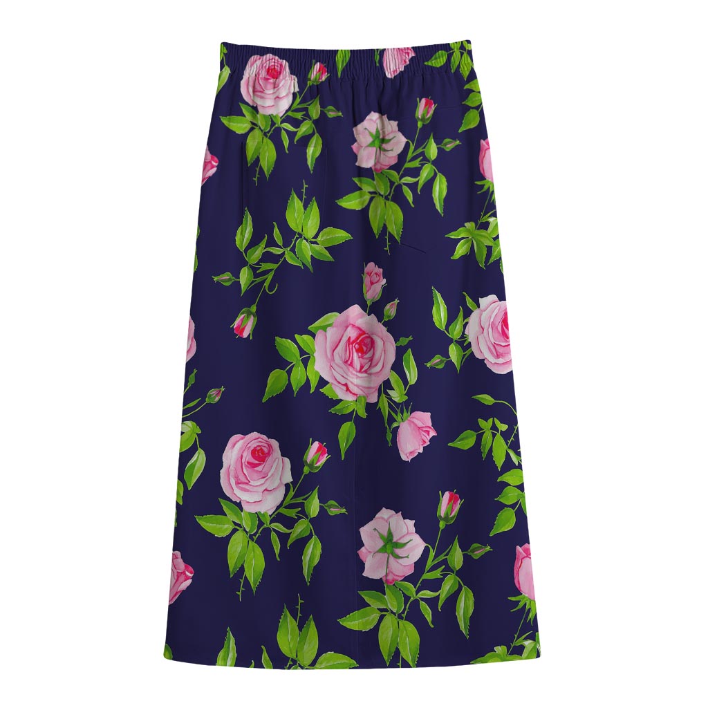 Pink Rose Floral Flower Pattern Print Cotton Front Slit Maxi Skirt