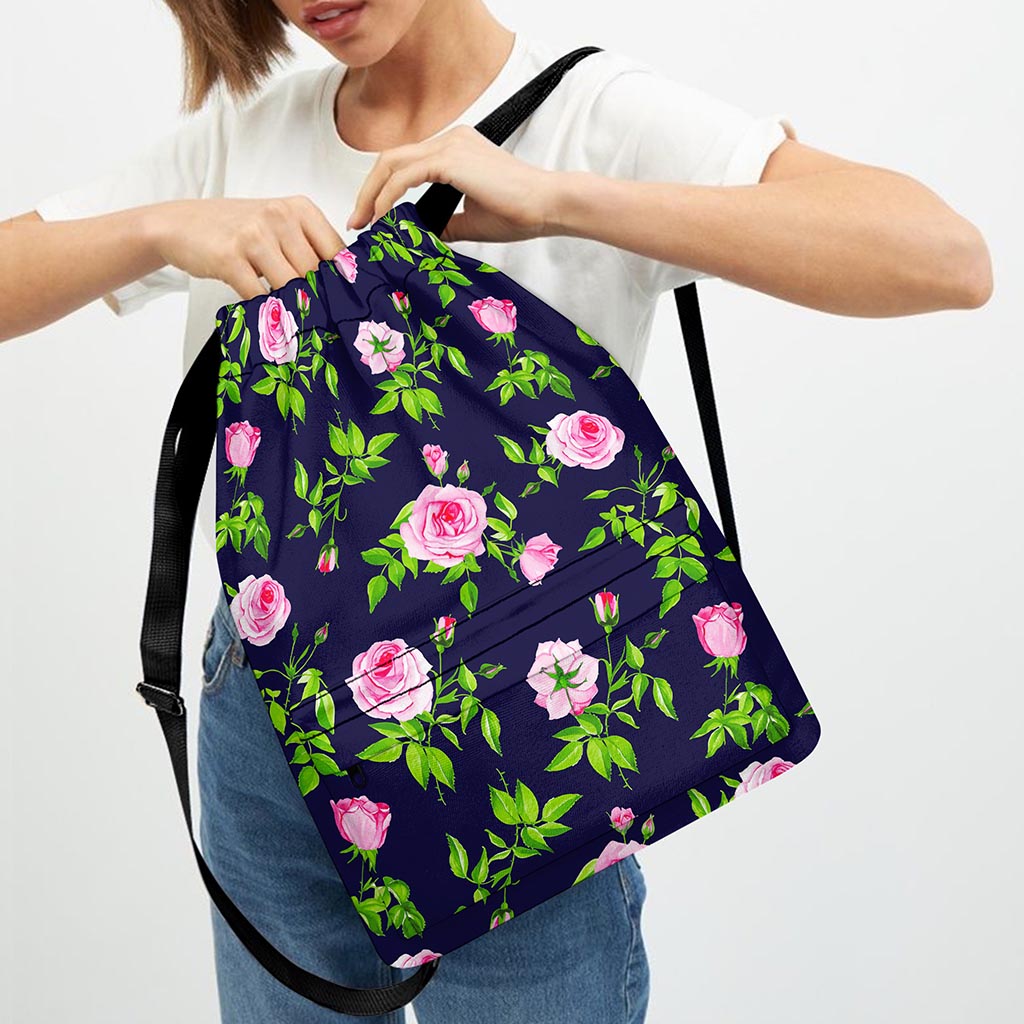 Pink Rose Floral Flower Pattern Print Drawstring Backpack