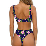 Pink Rose Floral Flower Pattern Print Front Bow Tie Bikini