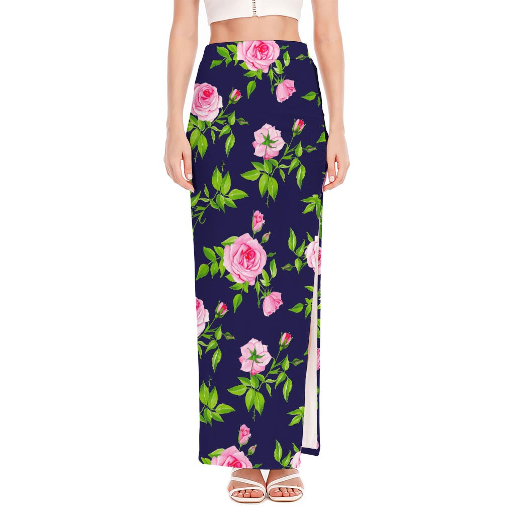 Pink Rose Floral Flower Pattern Print High Slit Maxi Skirt
