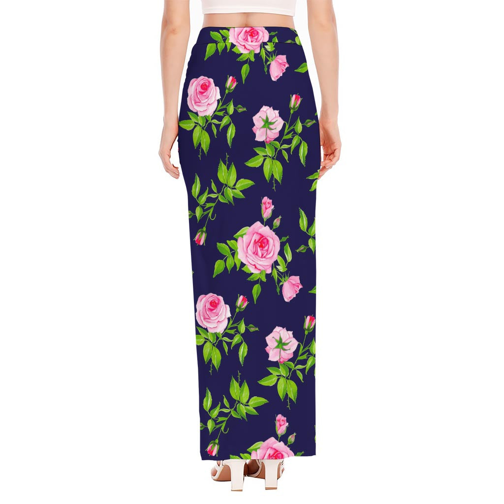 Pink Rose Floral Flower Pattern Print High Slit Maxi Skirt