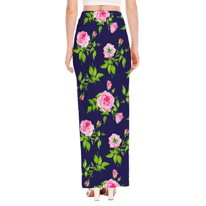 Pink Rose Floral Flower Pattern Print High Slit Maxi Skirt