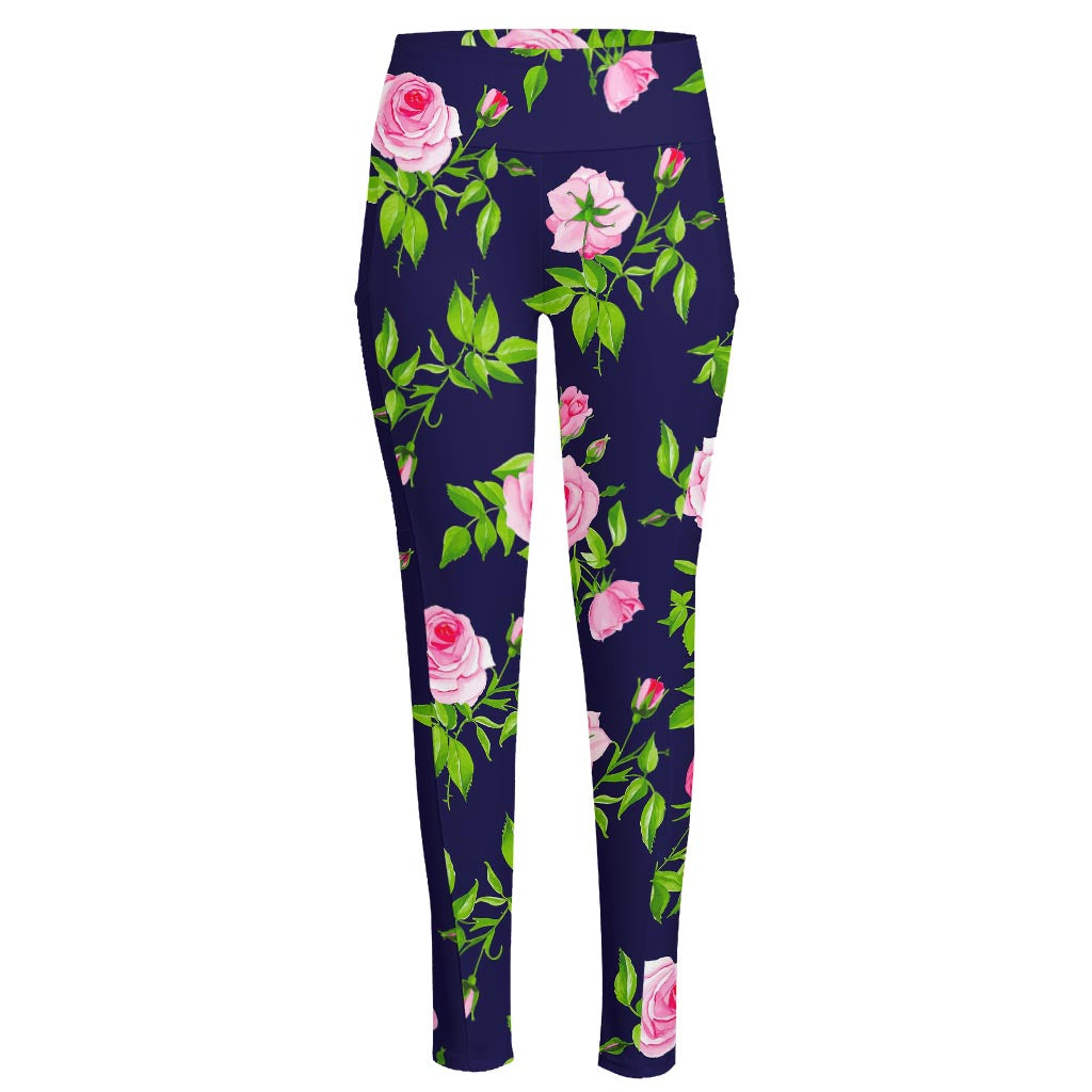 Pink Rose Floral Flower Pattern Print High-Waisted Pocket Leggings