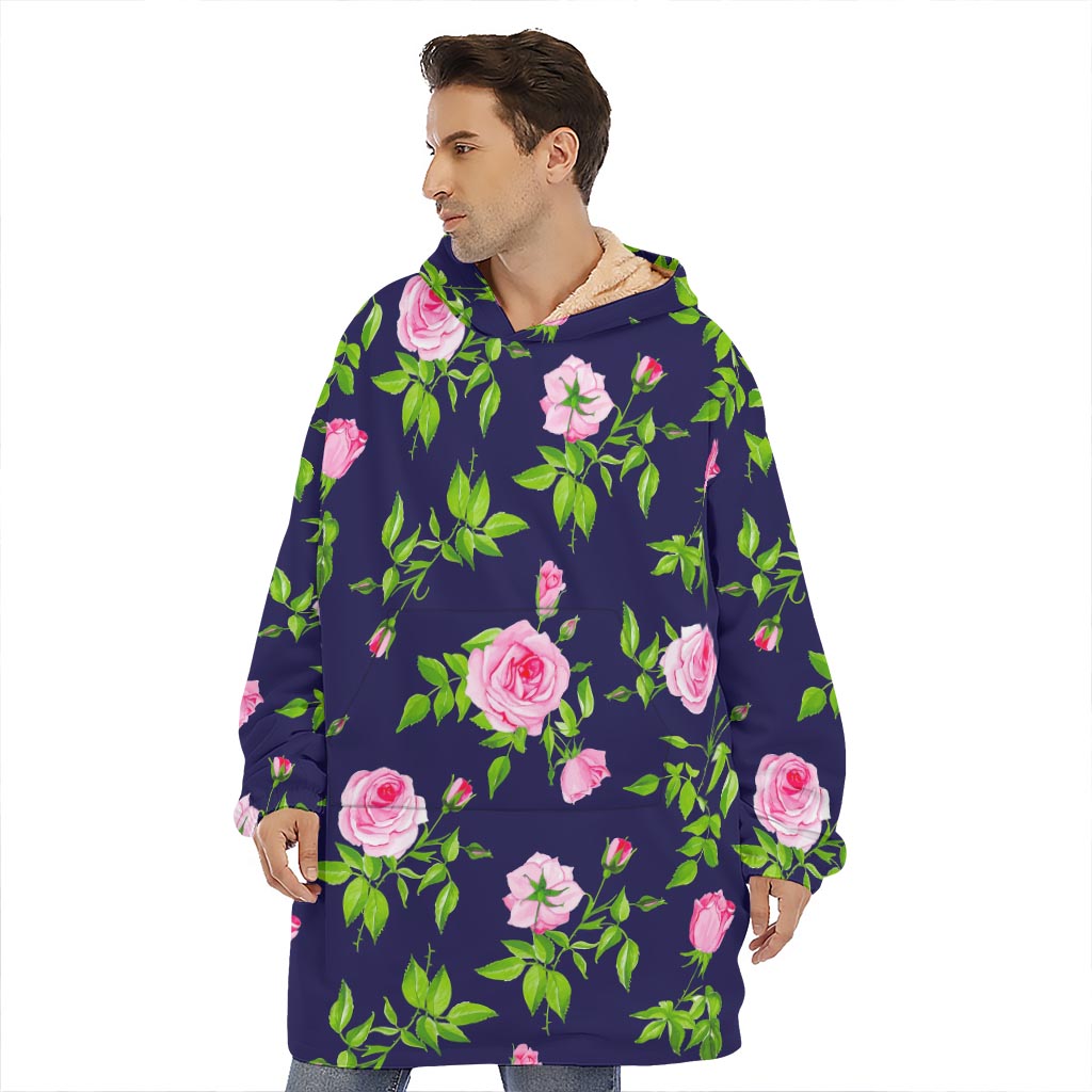 Pink Rose Floral Flower Pattern Print Hoodie Blanket