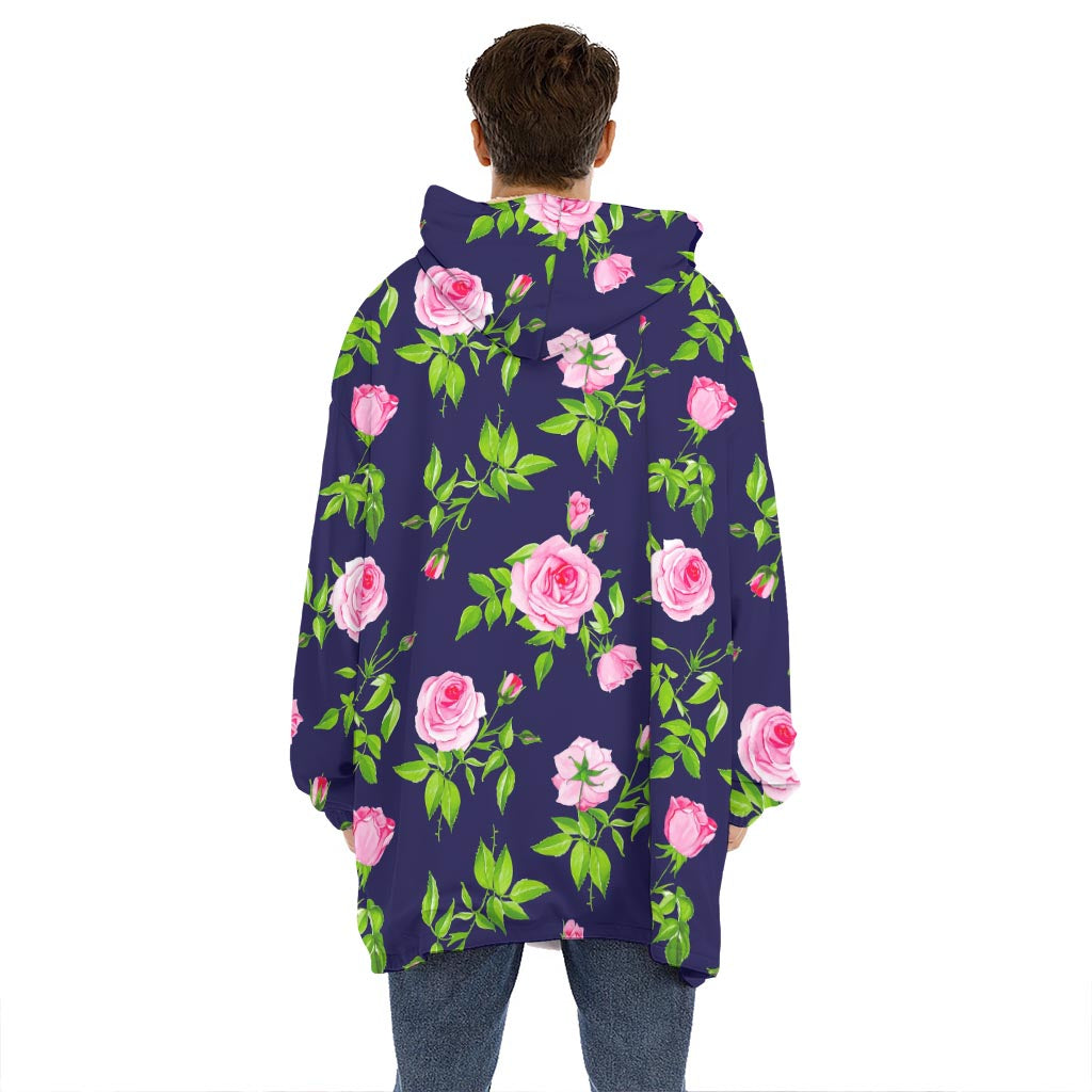 Pink Rose Floral Flower Pattern Print Hoodie Blanket
