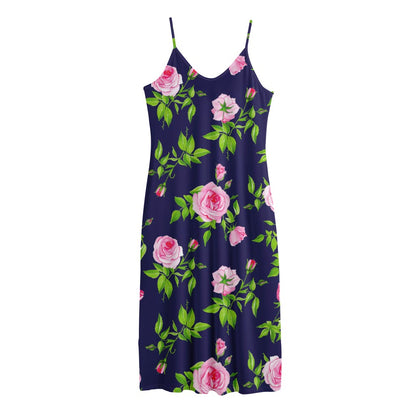 Pink Rose Floral Flower Pattern Print Jersey Midi Cami Dress